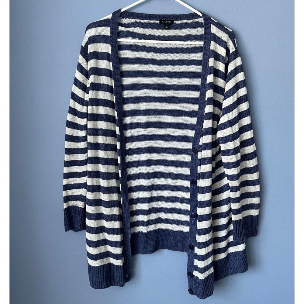 Talbots Striped Linen Button Up Cardigan Knit Sweater Light Navy Blue White XL